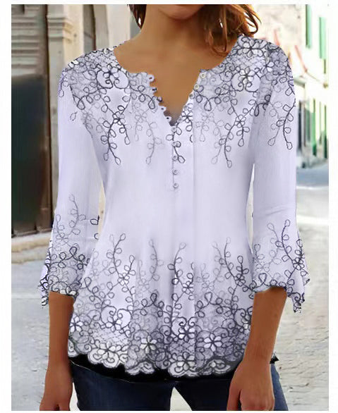 Modisches Ruili T-Shirt mit Blumendruck und V-Ausschnitt und Dreiviertelärmeln m300035