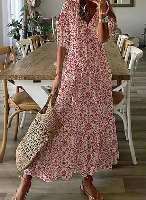 Floral V Neckline Half Sleeve Midi A line Dress m161507354 (5826854)