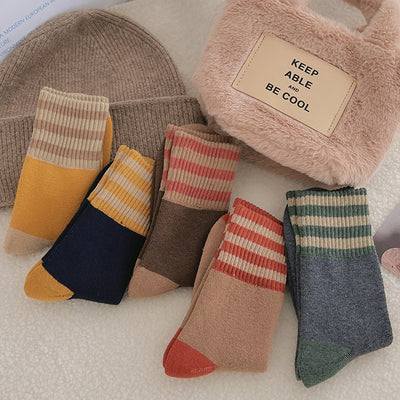 Verdickte gestreifte Socken für Kinder, mittellange Socken, Instagram, trendige, reine Baumwolle, Herbst- und Winter-Plüschisolierung, japanische Vintage-Langsocken mit Schlingen m1915010441 