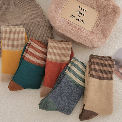 Verdickte gestreifte Socken für Kinder, mittellange Socken, Instagram, trendige, reine Baumwolle, Herbst- und Winter-Plüschisolierung, japanische Vintage-Langsocken mit Schlingen m1915010441 